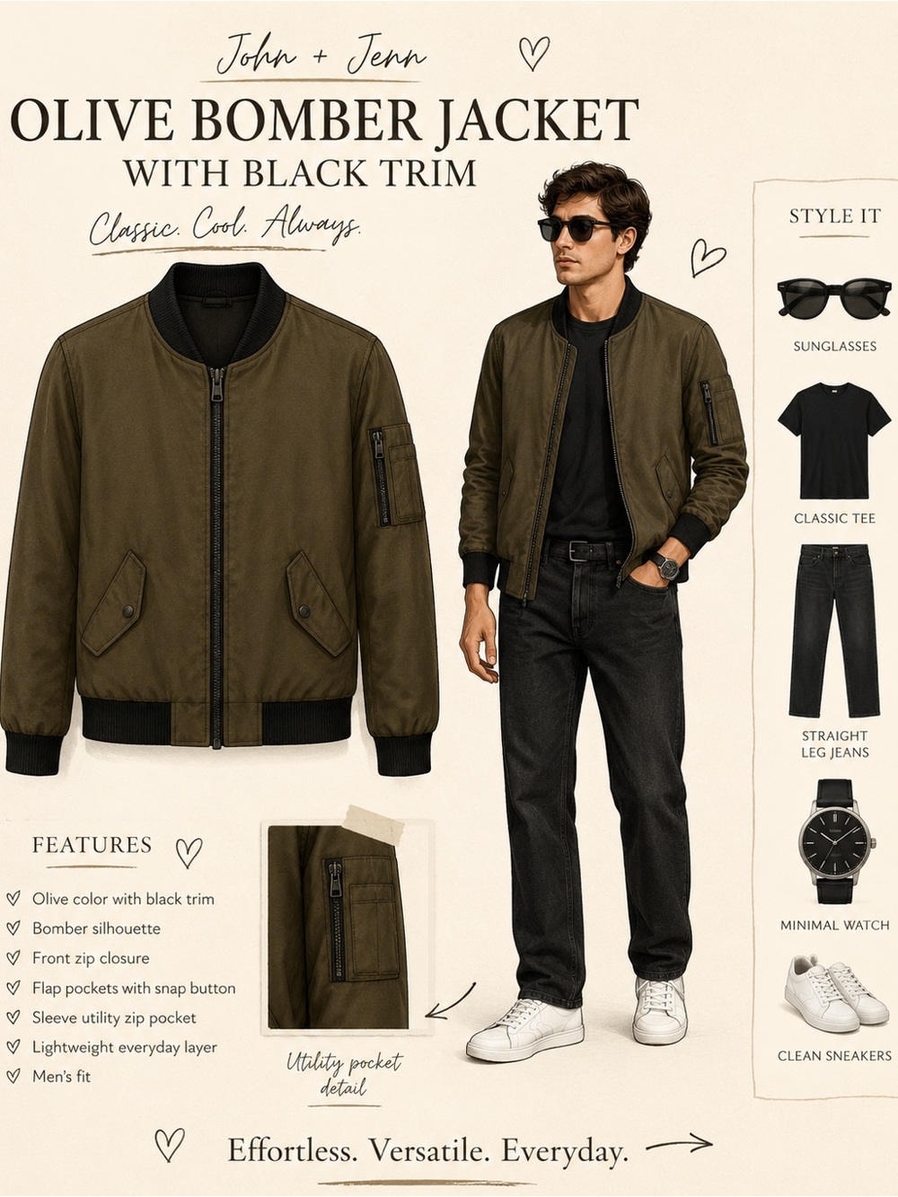 John + Jenn Olive Bomber Jacket with Black Trim